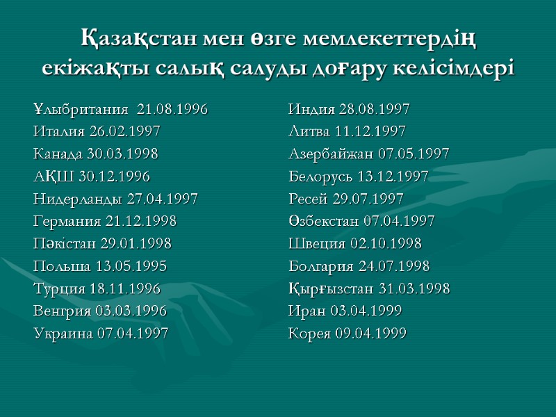 Қазақстан мен өзге мемлекеттердің екіжақты салық салуды доғару келісімдері Ұлыбритания  21.08.1996 Италия 26.02.1997